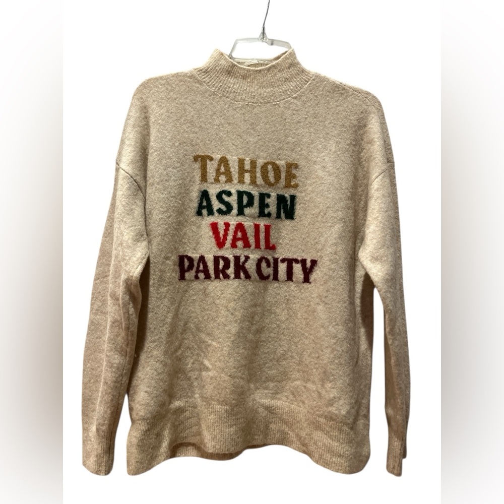 Lou & Grey Beige Turtleneck Sweater with Multicolor Text